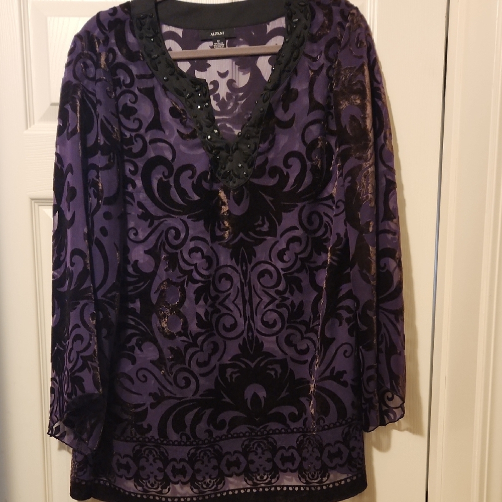 Alfani Purple and Black Embellished Tunic with Long Sleeves